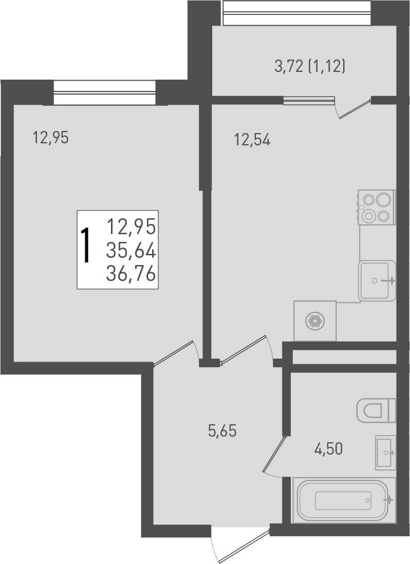 1-комн., 35.64 м², 8/9 этаж, ЖК «Югге»