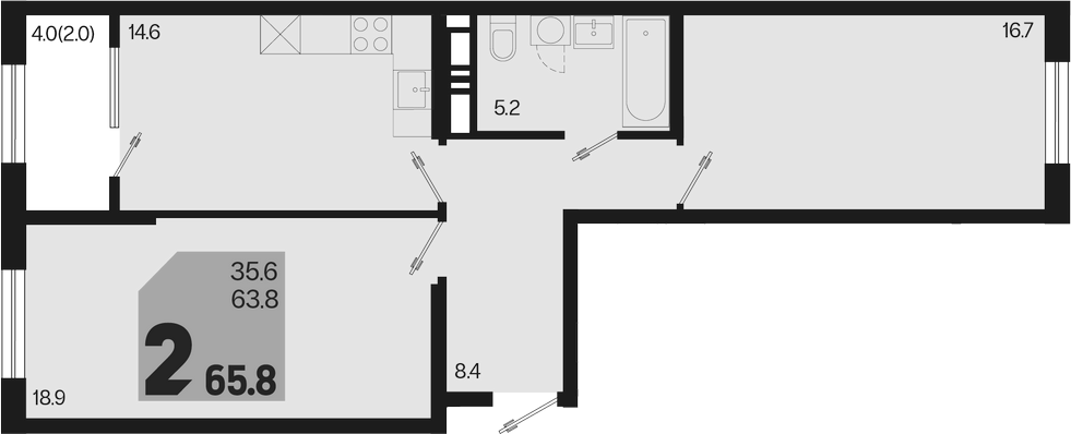 2-комн., 63.8 м², 6/18 этаж, ЖК «Первое место»