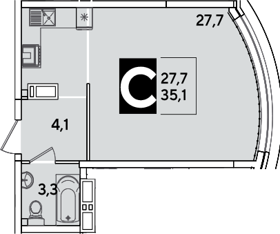 Продается 1-комн. квартира, 35.1 м²
