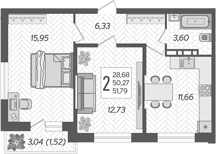 2-комн., 50.27 м², 6/16 этаж, ЖК «Смородина»