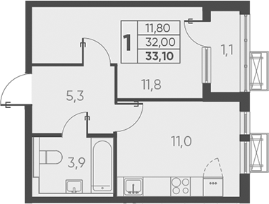 1-комн., 33.1 м², 19/24 этаж, ЖК «Барса»