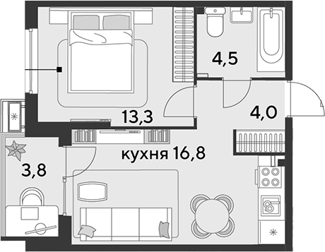2-комн., 38.6 м², 2/18 этаж, ЖК «Парк Победы»