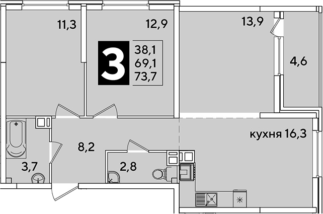 4+ комнаты, 69.1 м², 3/16 этаж, ЖК «Самолет»