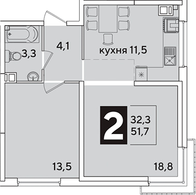 2-комн., 51.7 м², 5/16 этаж, ЖК «Самолет»