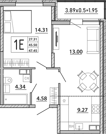 2-комн., 45.5 м², 8/8 этаж, ЖК «Любимый дом. СЗ СтройГрупп»