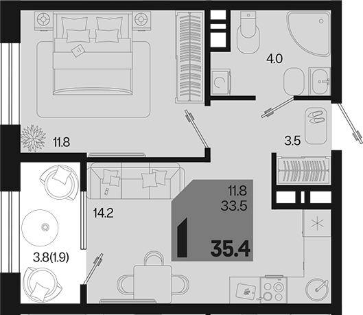1-комн., 33.5 м², 7/9 этаж, ЖК «Первое место»