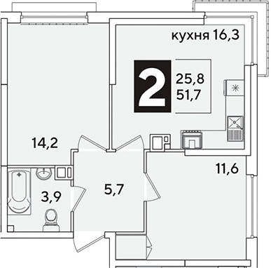 3-комн., 51.7 м², 9/16 этаж, ЖК «Самолет»