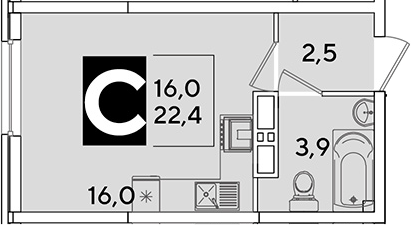 Студия, 22.4 м², 14/16 этаж, ЖК «Самолет»