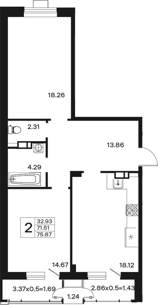2-комн., 71.51 м², 2/12 этаж, ЖК «Эндемик»