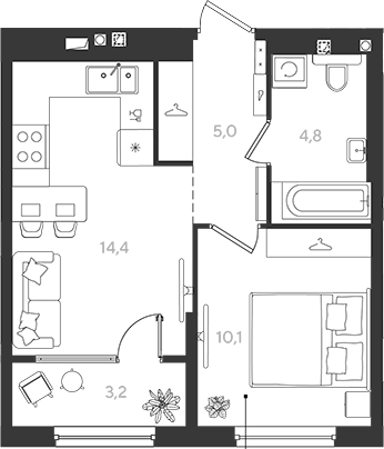 1-комн., 34.3 м², 2/18 этаж, ЖК «Самолет»