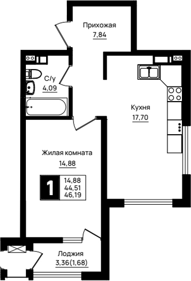 1-комн., 44.51 м², 9/18 этаж, ЖК «Резиденция морей»