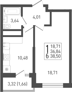 1-комн., 37.68 м², 22/22 этаж, ЖК «ЖК «Кубанская Крепость»»