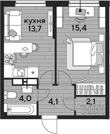 1-комн., 39.3 м², 13/16 этаж, ЖК «DОГМА ПАРК»
