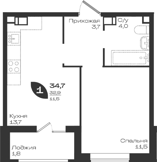 Продается 1-комн. квартира, 32.9 м²