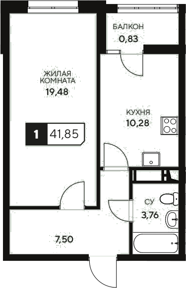 1-комн., 41.02 м², 4/20 этаж, ЖК «Центральный. Гамма»