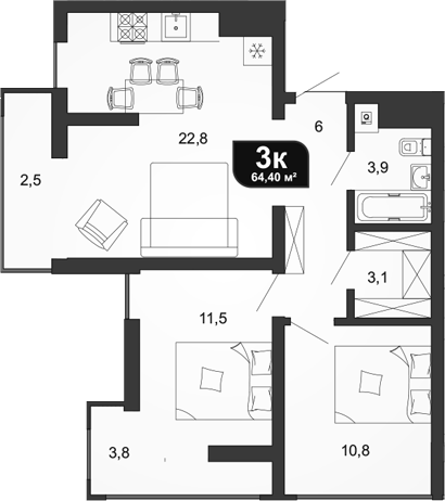 2-комн., 58.1 м², 10/19 этаж, ЖК «Сочи Парк»