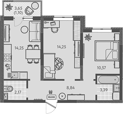 2-комн., 53.47 м², 5/9 этаж, ЖК «Теплые края»