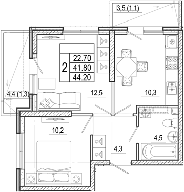 2-комн., 41.8 м², 1/17 этаж, ЖК «Лестория»