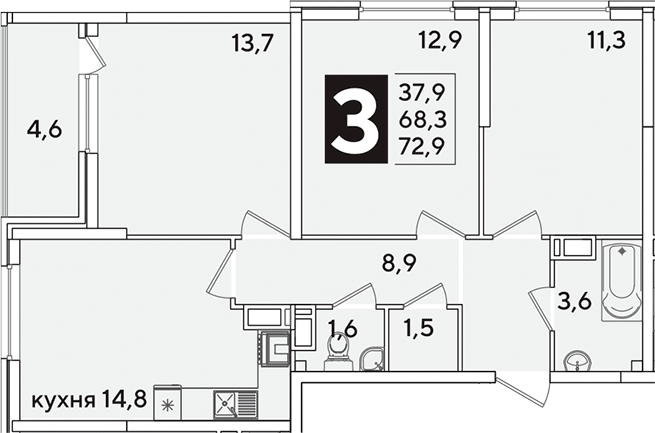 3-комн., 68.3 м², 11/16 этаж, ЖК «Самолет»