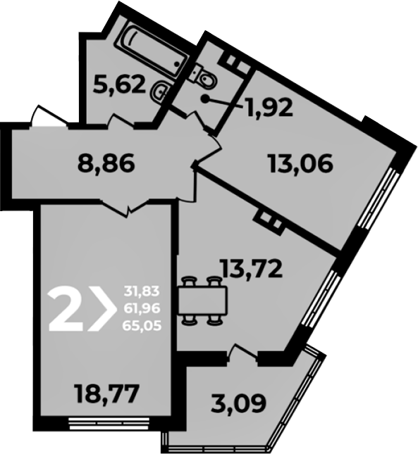 2-комн., 61.96 м², 18/19 этаж, ЖК «Аксиома»
