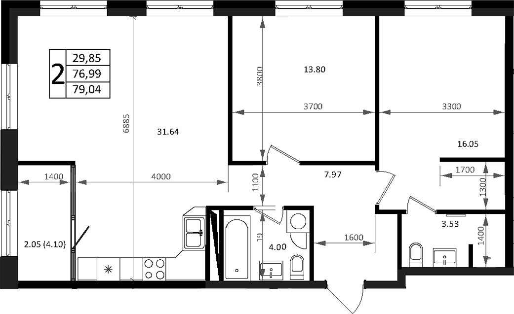 3-комн., 76.99 м², 13/16 этаж, ЖК «Патрики»