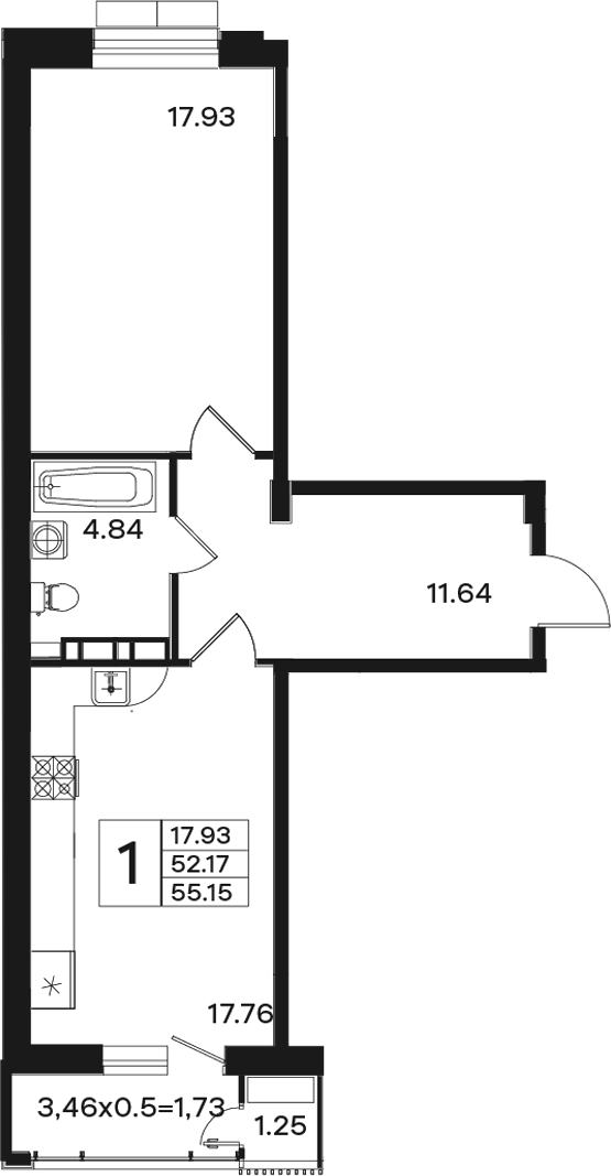 Продается 1-комн. квартира, 52.17 м²