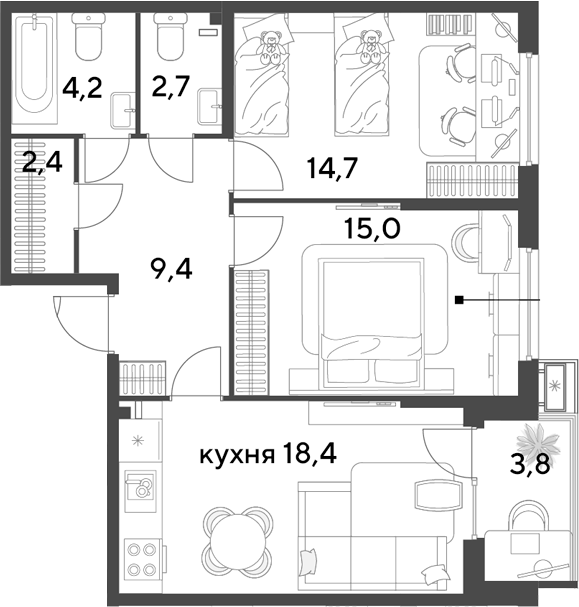 3-комн., 66.8 м², 2/9 этаж, ЖК «Парк Победы»