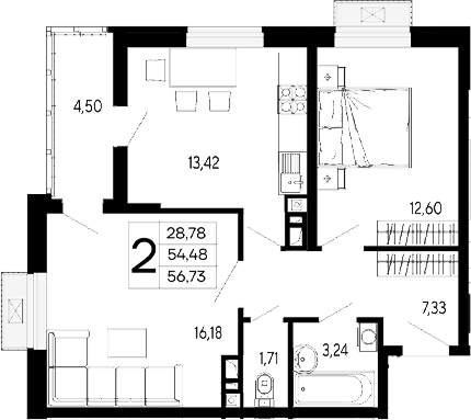 2-комн., 54.48 м², 16/16 этаж, ЖК «Эпос»