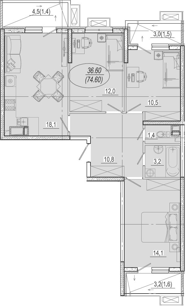 4+ комнаты, 70.1 м², 6/15 этаж, ЖК «Микрорайон Южане»