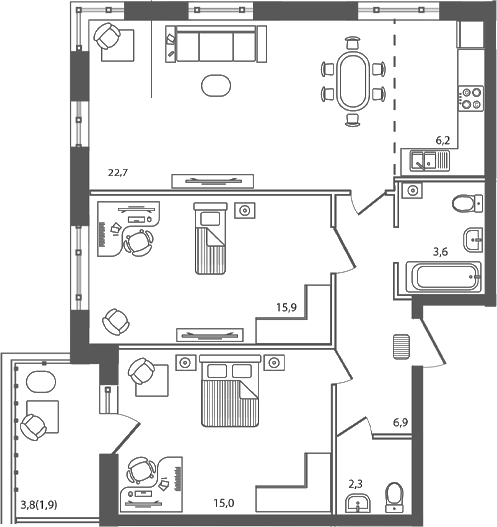 3-комн., 72.6 м², 4/9 этаж, ЖК «Сиреневый бульвар»