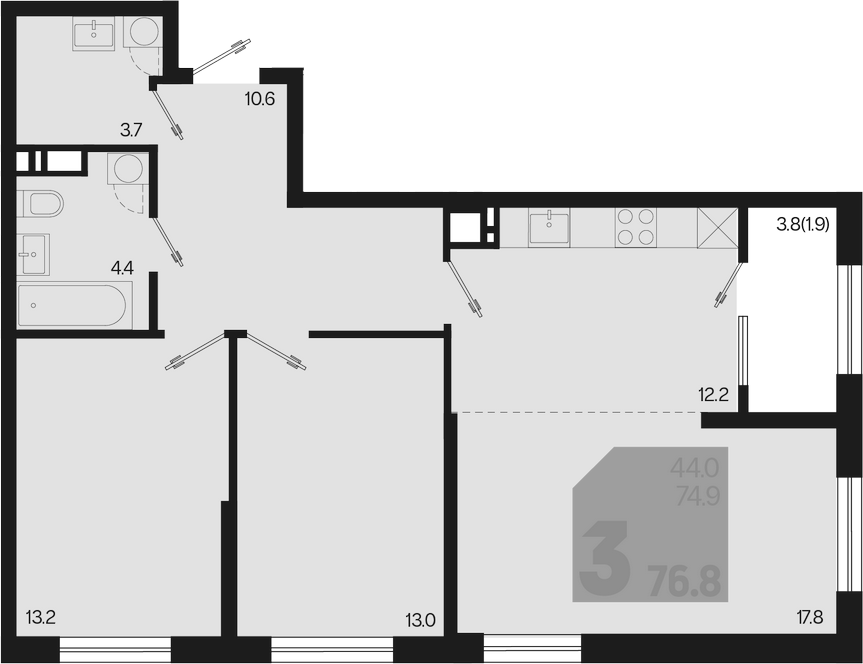 3-комн., 74.9 м², 5/18 этаж, ЖК «Первое место»