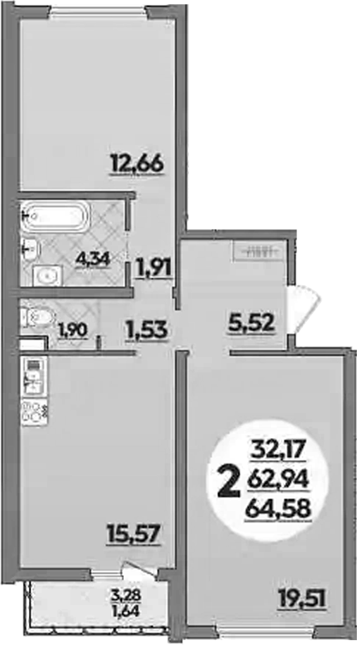 2-комн., 62.94 м², 1/9 этаж, ЖК «Предгорье Лаго-Наки»