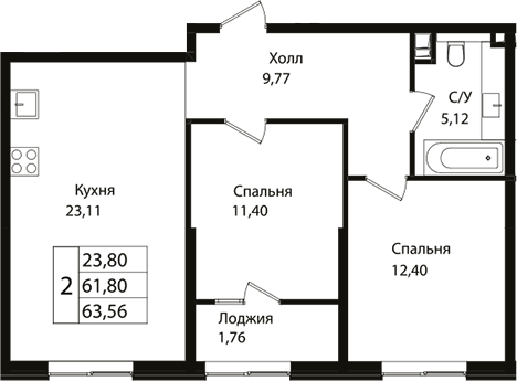 3-комн., 61 м², 13/18 этаж, ЖК «Патрики»
