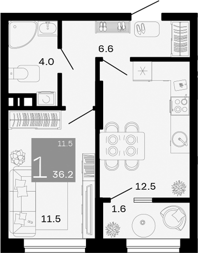 1-комн., 34.6 м², 8/8 этаж, ЖК «Хозяин Морей»
