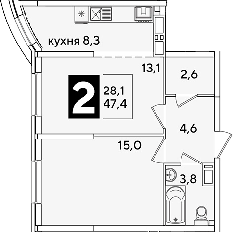 2-комн., 47.4 м², 10/16 этаж, ЖК «Самолет»