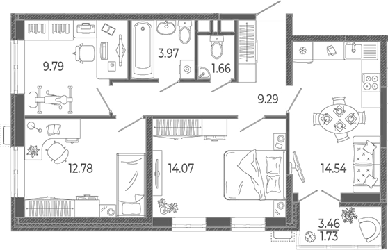 3-комн., 66.1 м², 3/21 этаж, ЖК «Эстет»