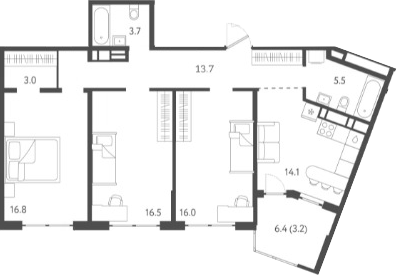 3-комн., 89.3 м², 24/24 этаж, ЖК «Все Свои VIP»