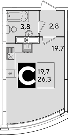 Студия, 26.3 м², 13/16 этаж, ЖК «Самолет»