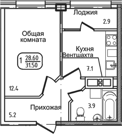 1-комн., 27.3 м², 1/8 этаж, ЖК «Уют. Дарстрой»