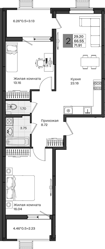 2-комн., 66.55 м², 2/8 этаж, ЖК «МОНО квартал»