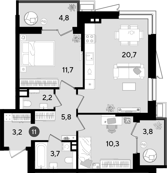 3-комн., 57.6 м², 6/18 этаж, ЖК «Парк Победы»