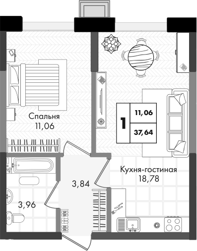 2-комн., 37.64 м², 7/9 этаж, ЖК «Зеленая территория»