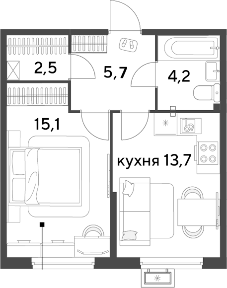 1-комн., 41.2 м², 2/9 этаж, ЖК «Парк Победы»