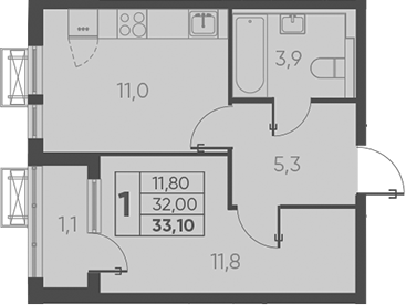 1-комн., 32 м², 21/24 этаж, ЖК «Барса»