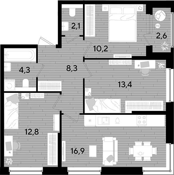 3-комн., 70.6 м², 2/16 этаж, ЖК «DОГМА ПАРК»