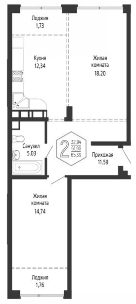2-комн., 61.9 м², 13/16 этаж, ЖК «Гарантия PRIME»