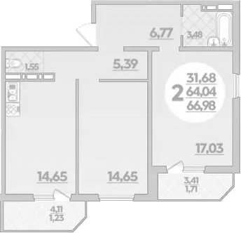 2-комн., 64.04 м², 3/8 этаж, ЖК «Молодежный 2»
