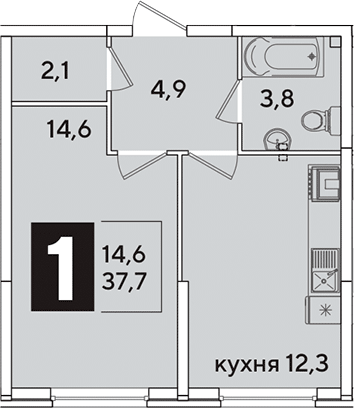 1-комн., 37.7 м², 2/16 этаж, ЖК «Самолет»