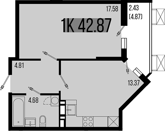 1-комн., 40.44 м², 4/8 этаж, ЖК «Цветной бульвар»