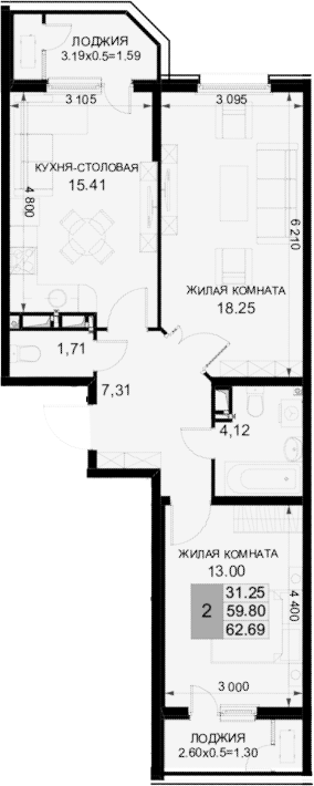 2-комн., 59.8 м², 17/18 этаж, ЖК «Фонтаны»